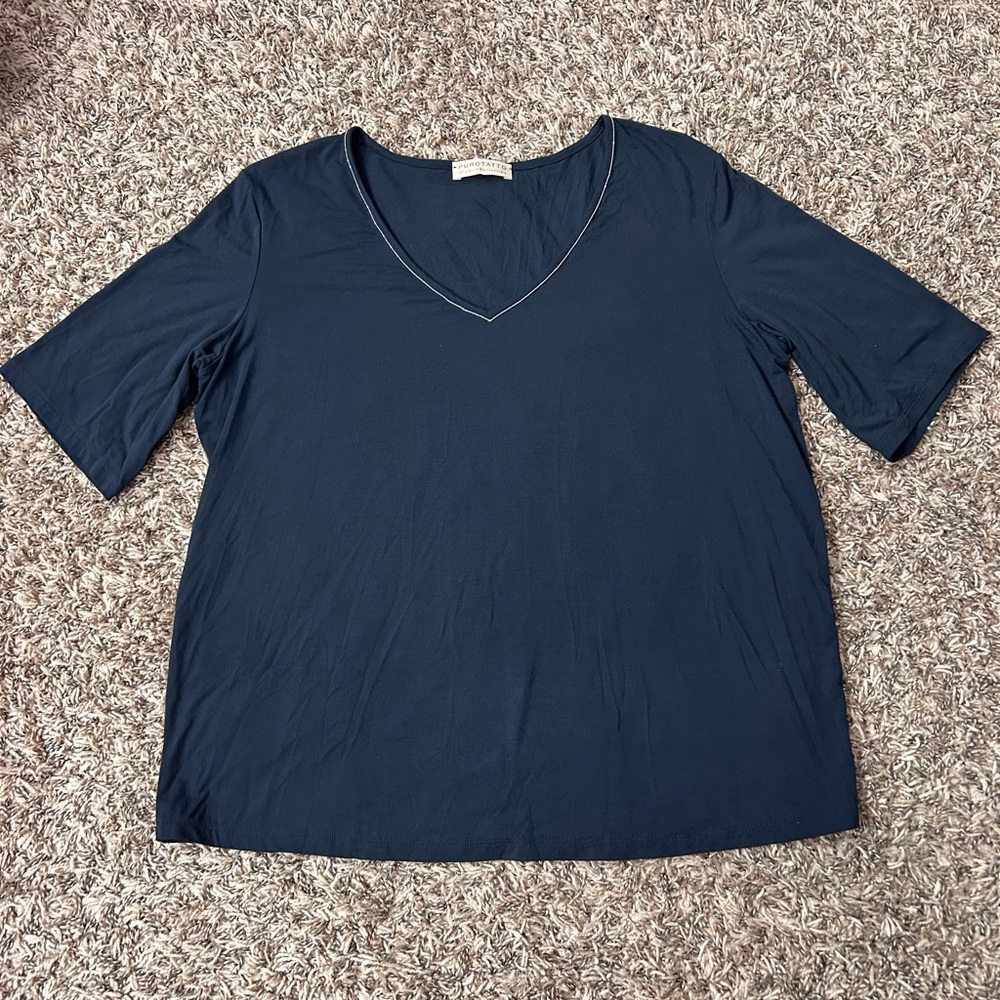 Purotatto Navy Relaxed Fit Short Sleeve Tee Beaded Neckline Detail Sz 42